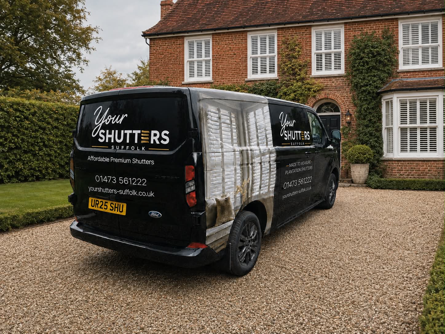 Your Shutters Essex van outside a family home